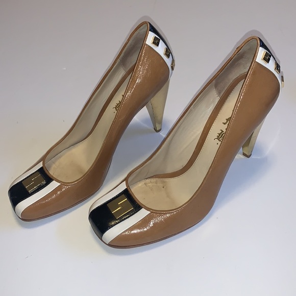 L.A.M.B. Tan Patent Leather Pumps with Gold Accents - Women’s Size 9.5 - Picture 7 of 9